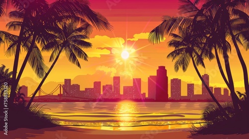 Summer illustration with a beach at sunset  silhouette of palm trees  a city in the background and a sun