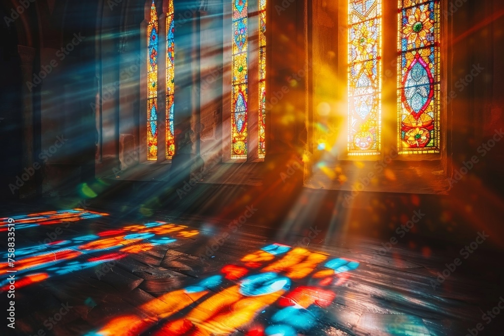 Sunlight streams through colorful stained glass windows, casting a mesmerizing dance of light and shadows 