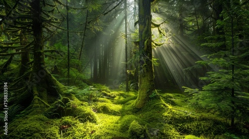 Sunlight penetrates the dense forest canopy  casting rays of light onto the moss-covered trees and ground below. The moss creates a lush green carpet  adding a rich natural texture to the forest