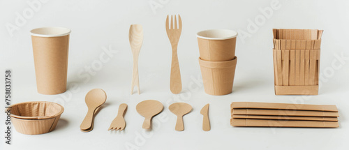 Assortment of eco-friendly disposable tableware presenting an environmentally conscious choice.