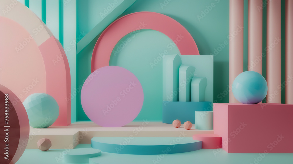 A colorful room with pink, blue, and green walls and a pink