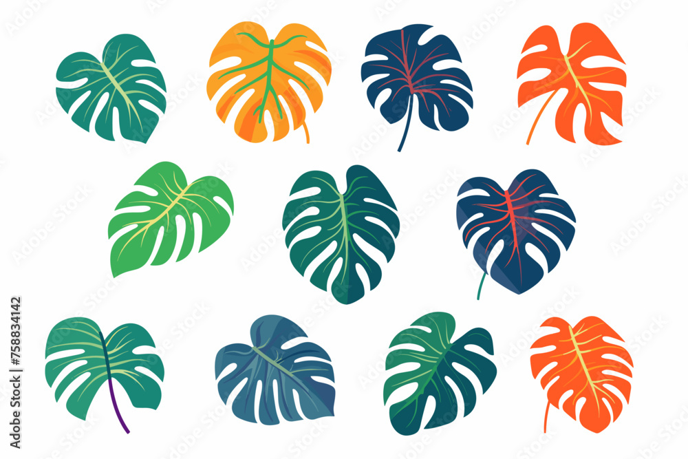 Tropical leaves collection. Vector isolated elements on the white background.	