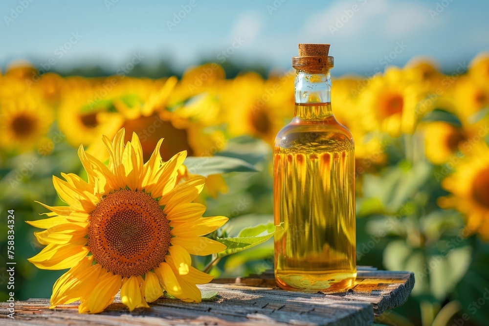 A vibrant sunflower stands tall next to a bottle of sunflower oil, showcasing the essence of the sun captured in a bottle A vibrant sunflower stands tall next to a bottle of sunflower oil, showcasing the essence of the sun captured in a bottle