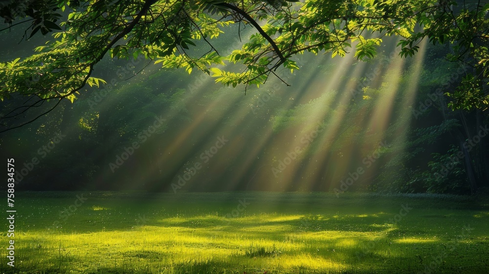 The suns rays stream through the lush green leaves of a tree, casting dappled light on the ground below in a natural and serene setting The suns rays stream through the lush green leaves of a tree, casting dappled light on the ground below in a natural and serene setting