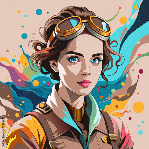 A girl in a pilot's uniform from the early 20th century. Portrait of young woman airplane pilot. Vintage style woman aviator. SVG version.
