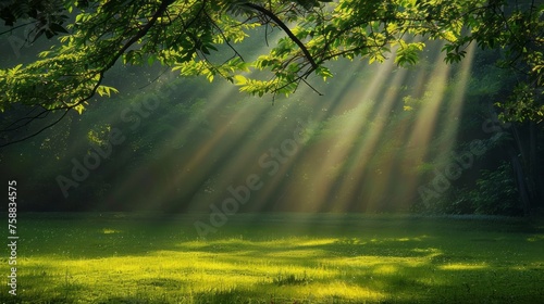 The suns rays stream through the lush green leaves of a tree  casting dappled light on the ground below in a natural and serene setting