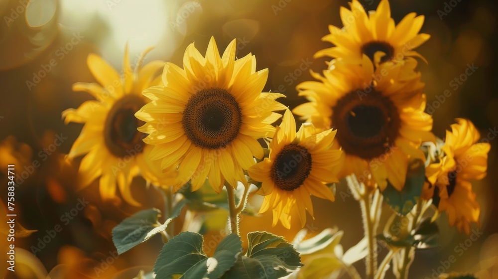 Obraz premium This close-up macro shot captures a bunch of vibrant sunflowers in a stunning garden setting. The sunflowers stand tall with their bright yellow petals and dark centers, creating a striking image