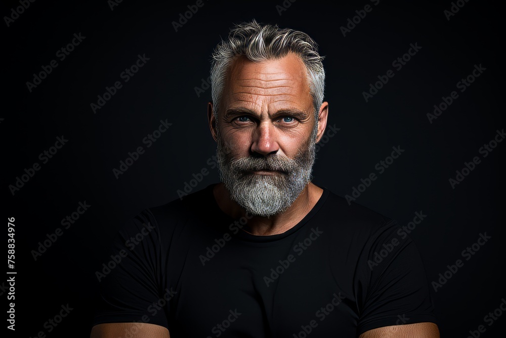Portrait of a handsome senior man with grey beard and mustache on black background.