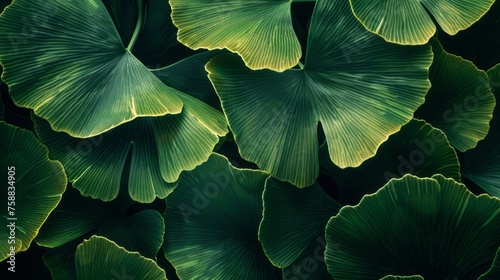 This close-up shot showcases the vibrant green leaves of a Ginkgo Biloba tree, known for its medicinal properties and association with healthy nutrition. The intricate details of the leaves are © vannet