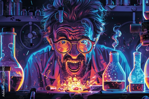Mad scientist, surrounded by bubbling beakers and whirring machines, with a look of manic glee on his face