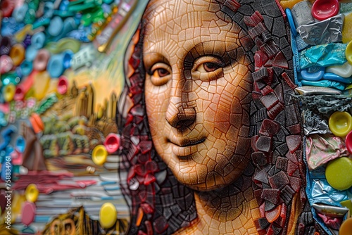 A Mona Lisa composed entirely of candy and gum. Hard candies of various colors and textures create the delicate features of her face and clothing photo