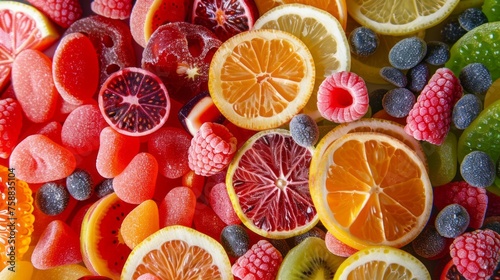 This close-up view showcases a variety of differently colored candies, each bursting with delicious fruit flavors. The candies are arranged in a vibrant and enticing display