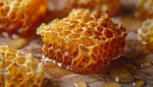 honeycomb piece with honey, closeup