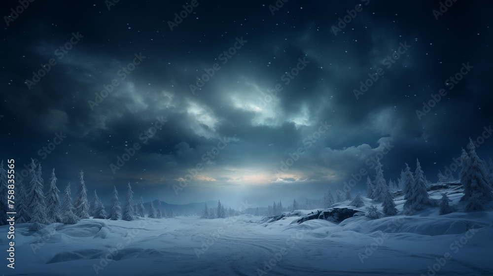 winter snow in the forest weather Dark street, asphalt abstract dark blue background, empty dark mountain range scene, with smoke mist cold white