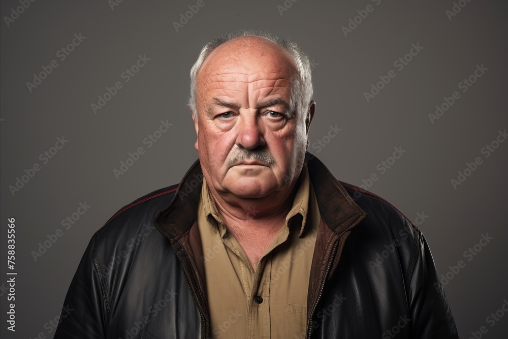 Portrait of an old man in a leather jacket on a dark background