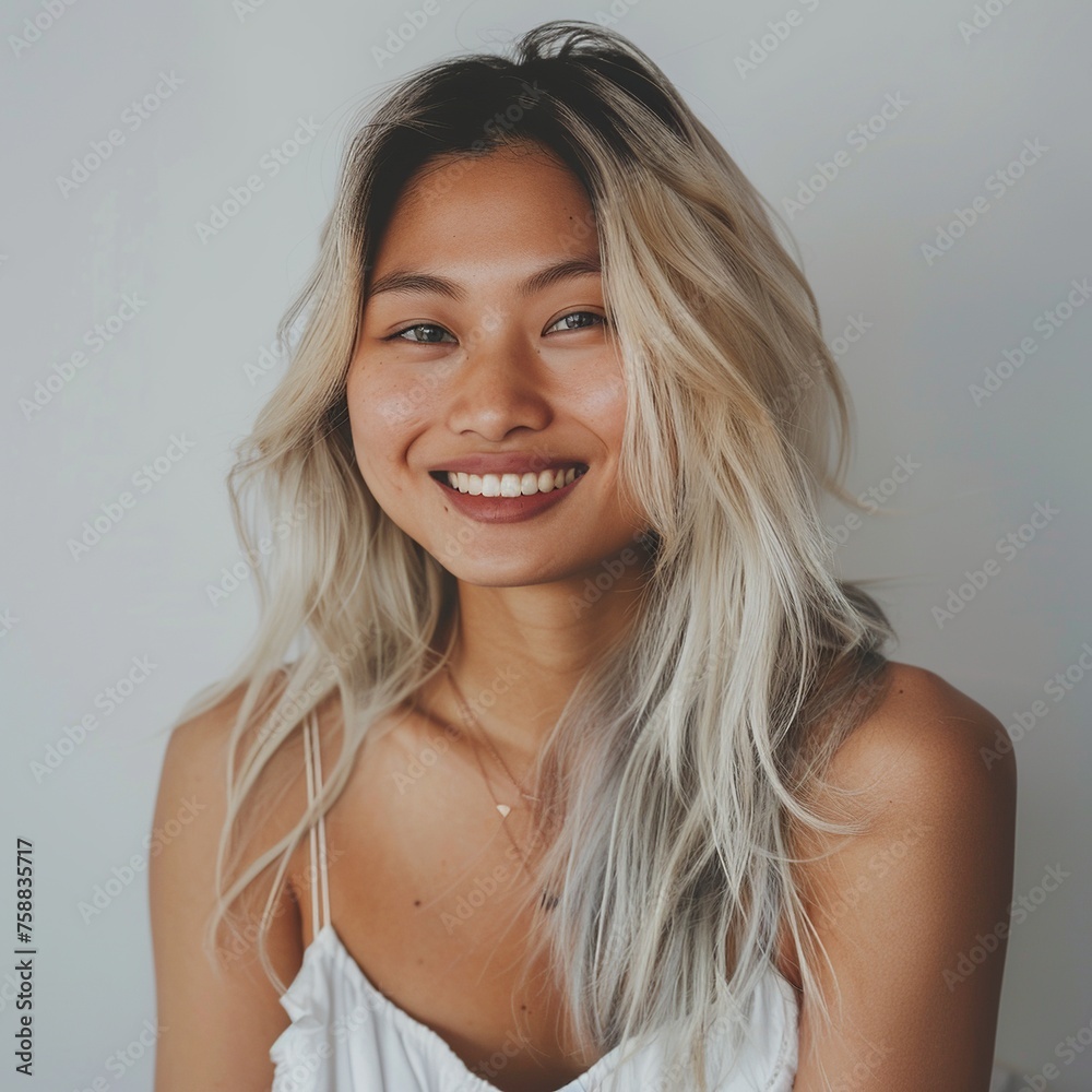 Featuring a 20-year-old happy Asian model with blonde hair, this skincare portrait is set against a soft backdrop, highlighted by a luminous filter effect and ambient studio lighting Featuring a 20-year-old happy Asian model with blonde hair, this skincare portrait is set against a soft backdrop, highlighted by a luminous filter effect and ambient studio lighting
