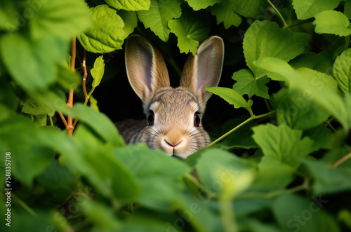 A frightened hare hiding in green bushes. Close-up of a cute rabbit. Hare with big eyes and ears sitting and watching in bushes. Easter Bunny Hunt. Rabbit hiding in the green grass. Cute Easter bunny © Nonna