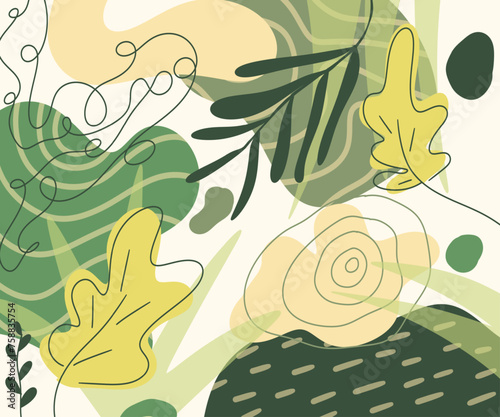 seamless pattern with flowers, plants and leaves flat style  space background,The leaves have a slightly cut green-yellow tone.
