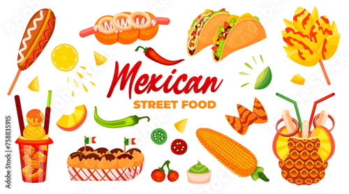 Set of Mexican street food illustrations. Corn dog, mango flower with chamoy sauce and spicy chilli powder, tacos, hot dog, lines, corn, mangonada, tropical cocktail in pineapple fruit. photo