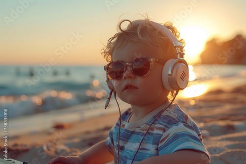 Over a seashore, a young lad with headphones and sunglasses is DJing and space, Generative AI. photo