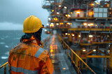 Man in Orange Safety Jacket and Yellow Helmet Looking at Oil Rig