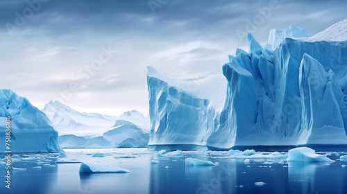 Landscape blue ice shards and snow covered shoreline Lake arctic antarctica sun sunset dawn light illuminates snow covers lot of pond ocean river cold lack life unsuitable living conditions permafrost