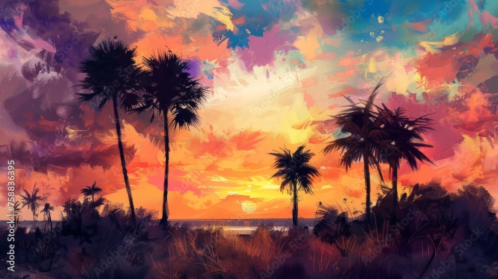 Tropical landscape with palm trees at sunset. Digital oil painting, printable square artwork