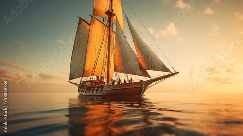 Sailing boat in the sea at sunset. 3d render illustration photo