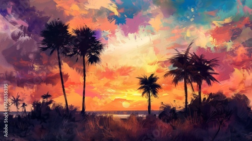 Tropical landscape with palm trees at sunset. Digital oil painting  printable square artwork