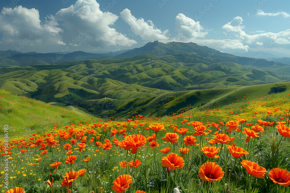 Field of Orange Flowers With Mountains in Background