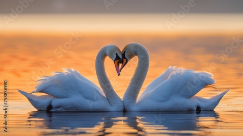 Two swans huddled together in a heart shape at dusk