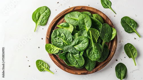Over a white setting, newly picked spinach stems rest on a wooden cyclic platter for health concern and space, Generative AI.