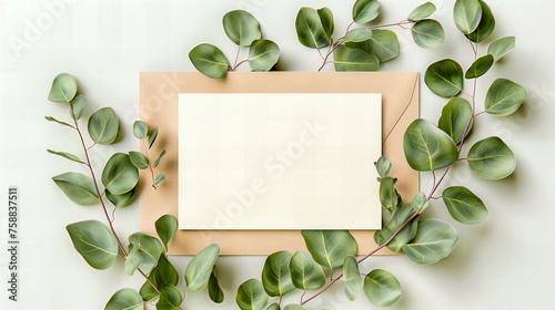 Elegant Invitation Design, Blank Card with Green Leaves on White Background, Minimalist Floral Concept © SK