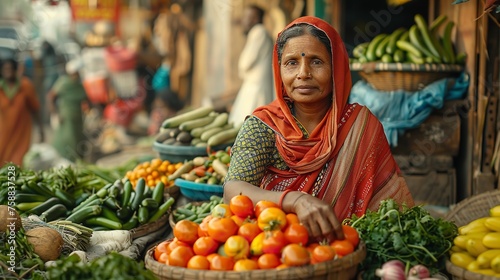 Portrait of a Indian middle aged woman selling vegetables with a big blurry backdrop and space for text, Generative AI.