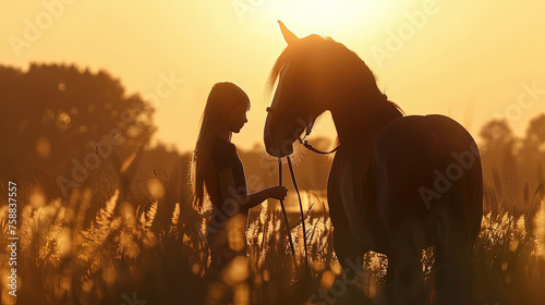 A woman stands next to a horse in a vast field  under a clear sky. The woman is looking at the horse while the horse grazes on the grass