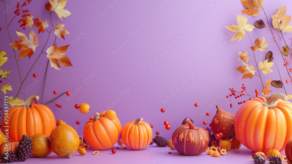 Vibrant 3D Style Pumpkins and Autumn Fruits on Rich Purple Background Generative AI Vibrant 3D Style Pumpkins and Autumn Fruits on Rich Purple Background Generative AI