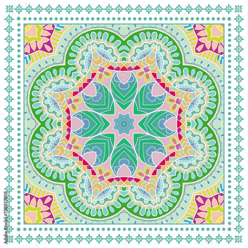 Decorative doodle ornament, symmetric pattern with lace frame. Tribal ethnic mandala decor. Bandana shawl, hijab, tablecloth fabric print, silk neck scarf, kerchief design. Colorful vector background