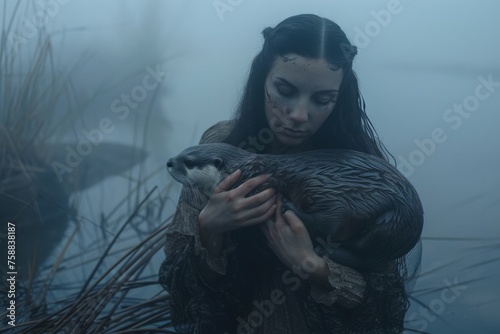 Young woman holding an otter in the fog