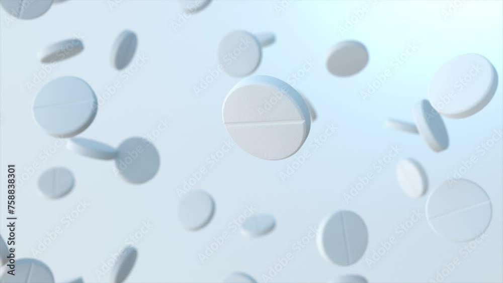 Falling white pills in slow motion. 3d animation of a seamless loop. The concept of business in the field of medicine and pharmaceuticals. Falling white pills in slow motion. 3d animation of a seamless loop. The concept of business in the field of medicine and pharmaceuticals.