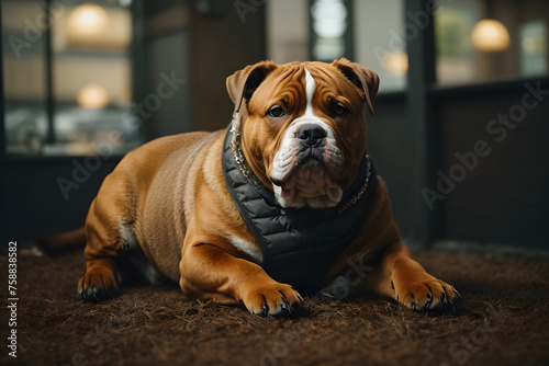 english american bulldog portrait laying down and guard home  photo