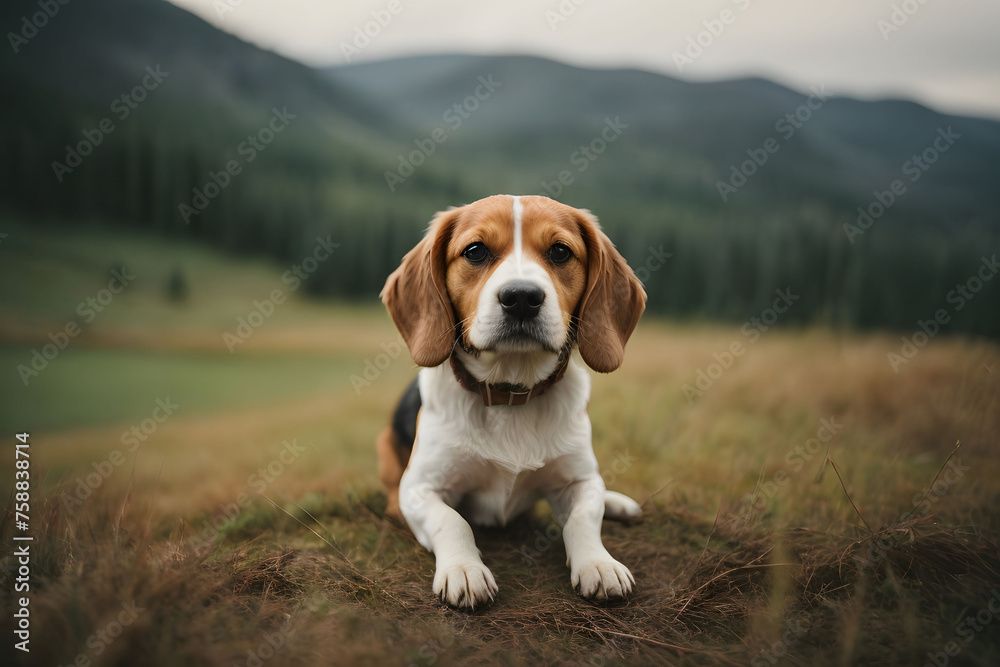 A Beagle dog is relaxing on a log in the forest.