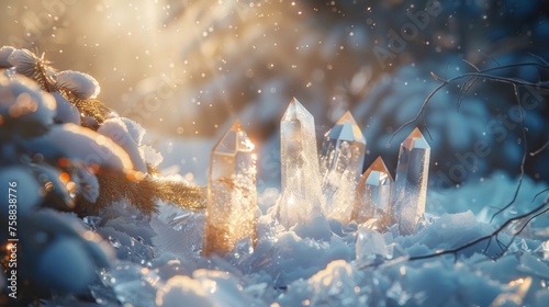 Winter background with clea quartz crystals. Winter solstice rituals concept photo
