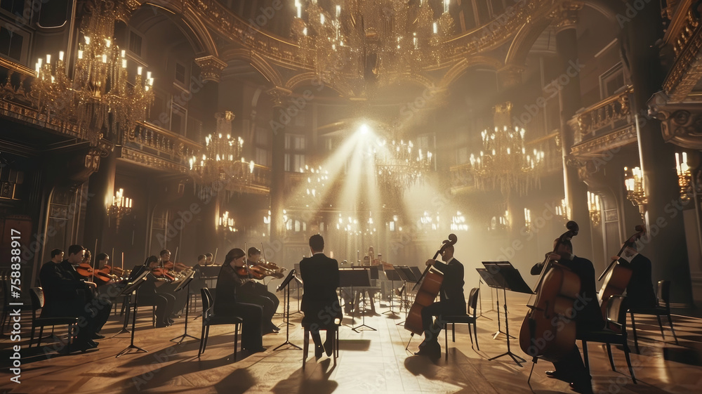 Symphony orchestra performing in a grand, opulent concert hall.