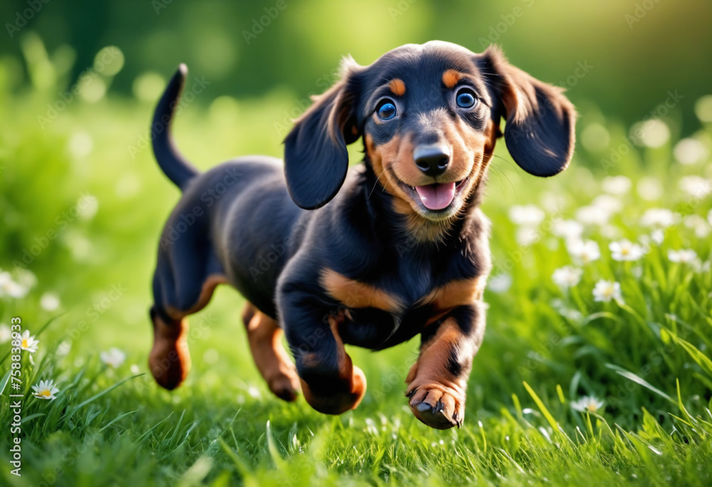A dog daschund puppy with a happy face runs through the colorful lush spring green grass
