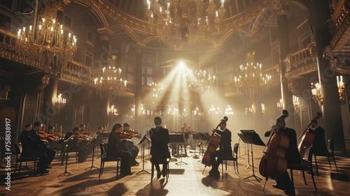 Symphony orchestra performing in a grand, opulent concert hall. © VK Studio