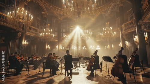 Symphony orchestra performing in a grand, opulent concert hall.