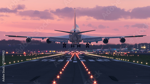Back view of an airliner landing or taking off on an airport runway at dusk with the landing gear lowered and close to the runway photo