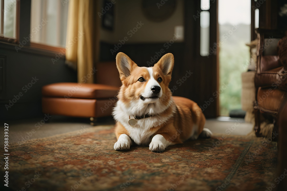 a Corgi dog is laying on the floor and looking out the window