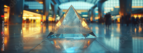 A glass pyramid with a reflection of a blurred city lights in it on a reflective surface with a blurry background.