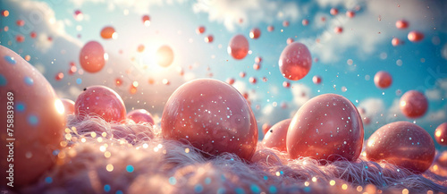 Easter eggs on blue sky background. 3d render illustration.